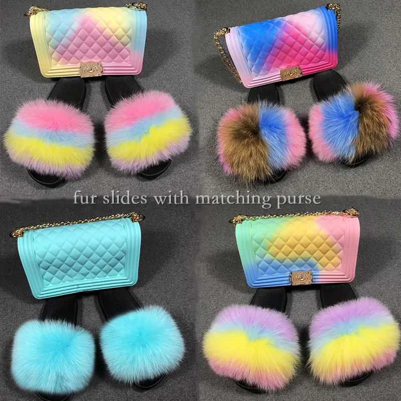 

Fur Slides with Matching Purse Girls Summer Fur Slippers Designer Fluffy Slides Ladies Party Shoes Bag Set Color Candy Bags Hots
