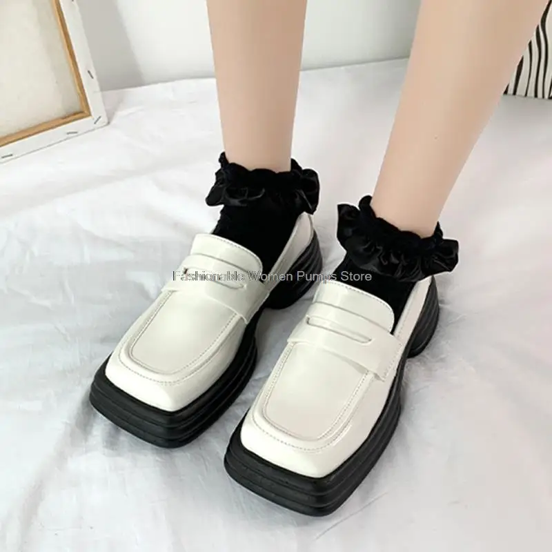 

Women Loafers 2021 New PU Leather Square Toe Slip On Woman Platform Shoes Thick Bottom Chunky Female Casual Shoes Lady Loafers