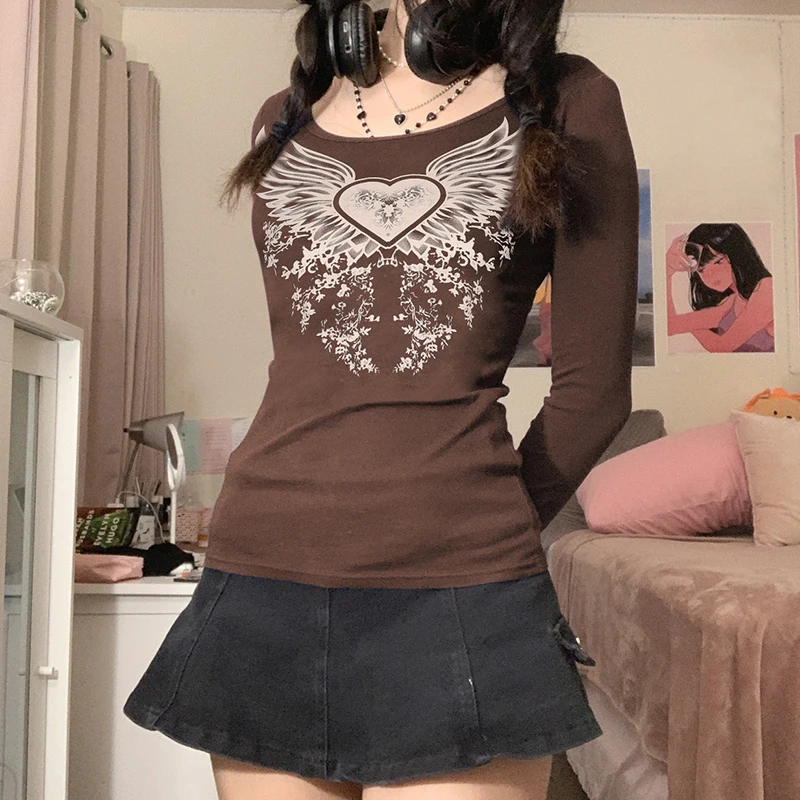 Rockmore Brown Vintage Print Long Sleeve T-Shirt Women Casual O-Neck Top Y2K Aesthetic Basic Graphic Baby Tees 90s Fairy Grunge