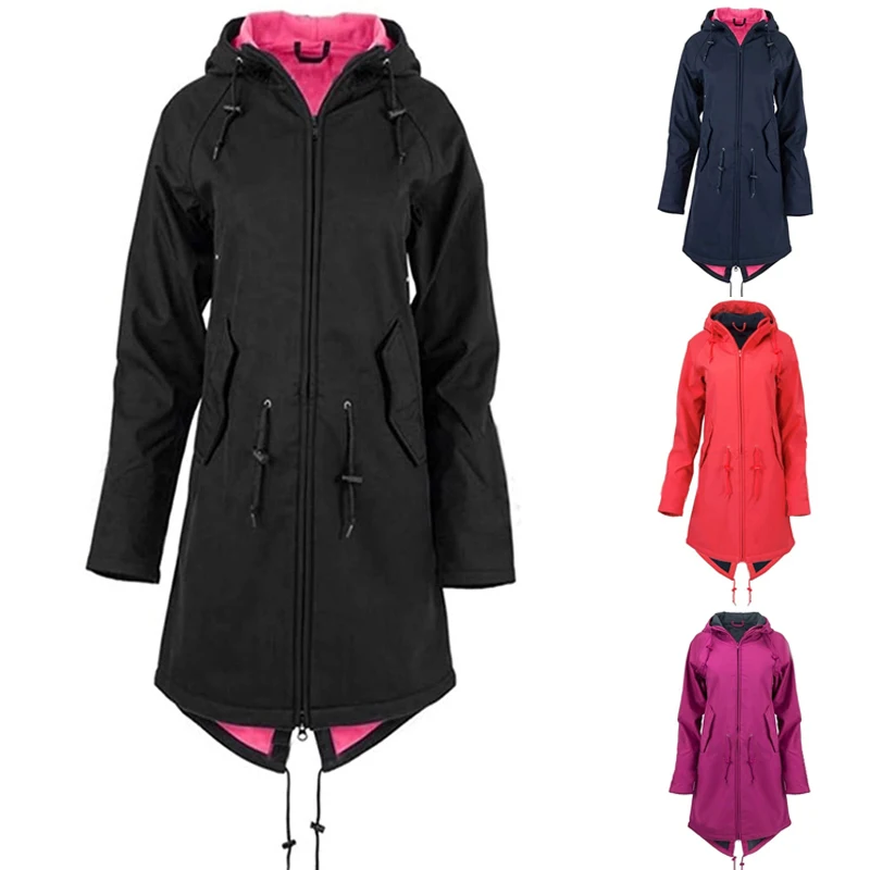 

Pure Color Rain Jacket Spring Autumn Overcoat Women Hoodie Jacket Outdoor Sports Leisure Hooded Outwear Windbreaker Long Coat
