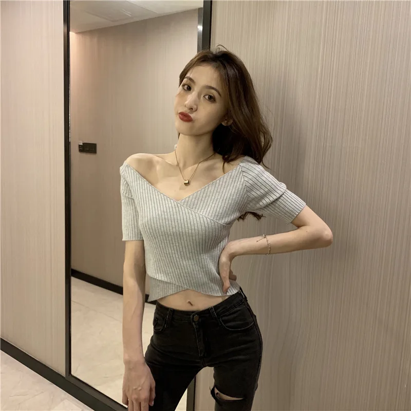 

New fashion cross slim slim short V-neck stripes fat mm solid color slim slim short-sleeve temperament T-shirt women's top