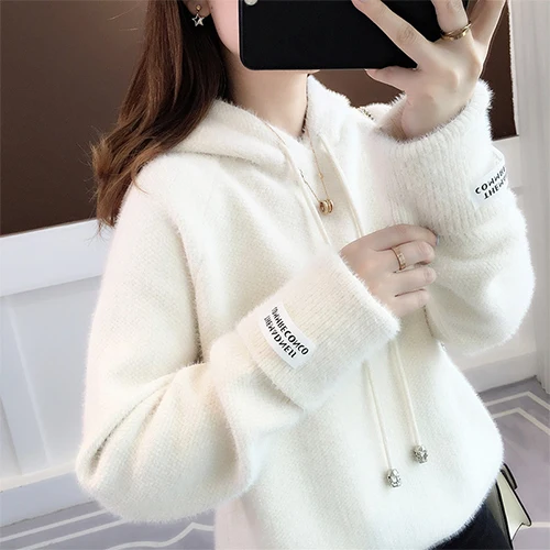 Белый Surmiitro Mink Cashmere Knitted Hoodies Women Autumn Winter Korean Kpop Long Sleeve Hooded Sweatshirt Female Pullover Blue - Цвет: Белый