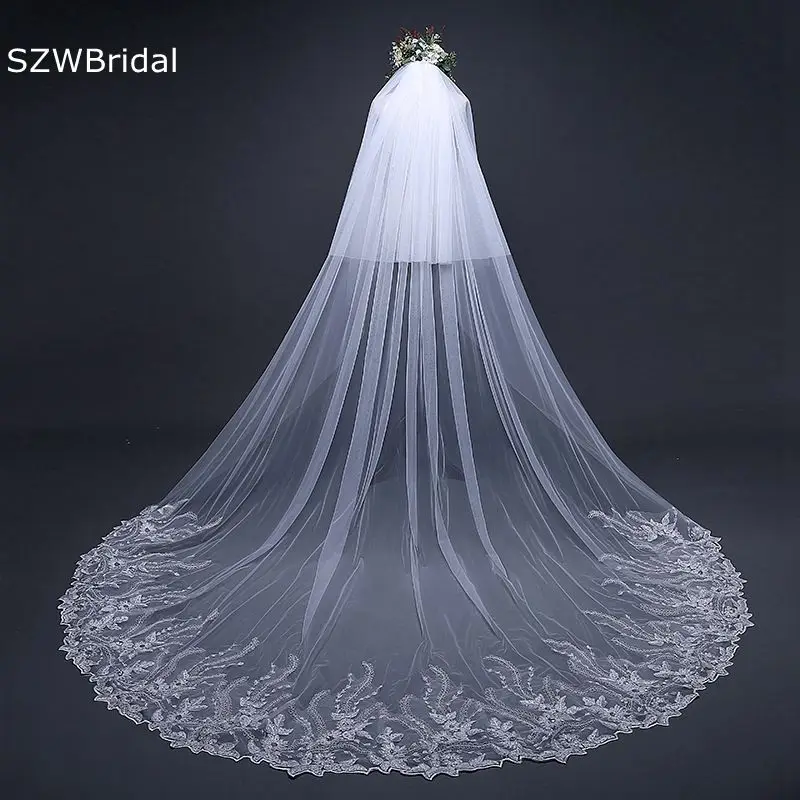 

New Arrival Ivory Cathedral Wedding Veil Two Layers Appliques Lace Bridal veils Voile mariage Cheap Weed accessories Hochzeit