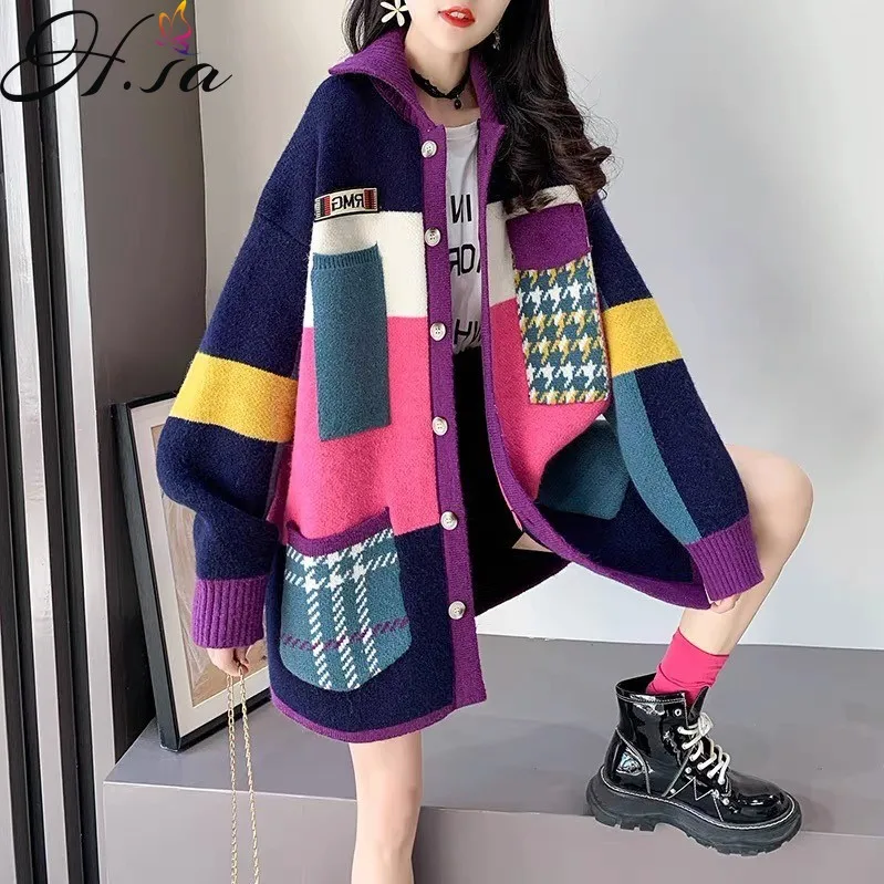 Hsa Women Long Sweater Cardigans Colorful Patchwork Sweater Coat 2021 Winter Korean Knitted Coat Oversized Warm Thick Cardigan