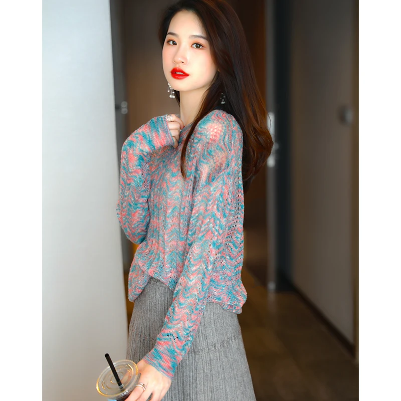 

Long Sleeve V-neck Hollow Knitted Sweater Women Thin Loose Hollow Fashion Sweater Pullover Female Spring Autumn Office Lady Tops