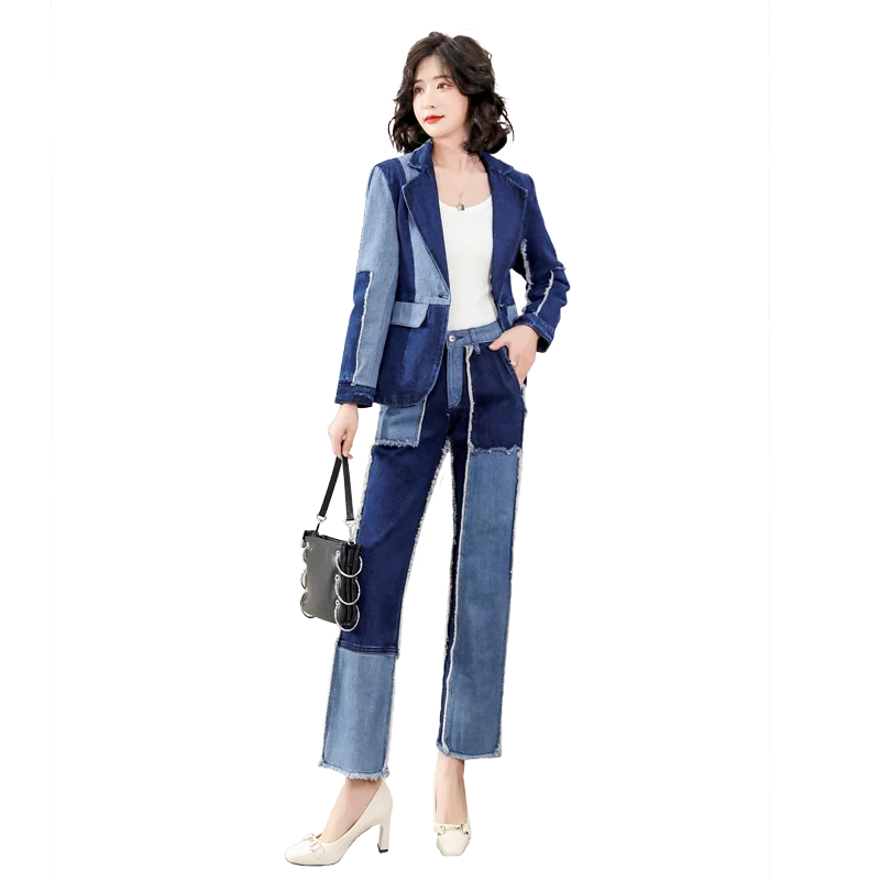

New Fashion Spring Autumn Women Causal Office Lady Patchwork Denim Blazer Pants Two-Piece Set Suits Female
