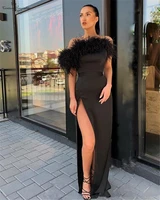 sexy black evening dresses side split fur one shoulder sheath prom party dress long formal gowns vestido de festa %d9%81%d8%b3%d8%a7%d8%aa%d9%8a%d9%86 %d8%a7%d9%84%d8%b3%d9%87%d8%b1%d8%a9