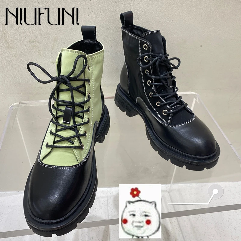 

Autumn Army Green Ankle Boots 2021 Martin Boot Females Leather Splicing British Platform Women's Shoes Boots Lace-Up Short Boots