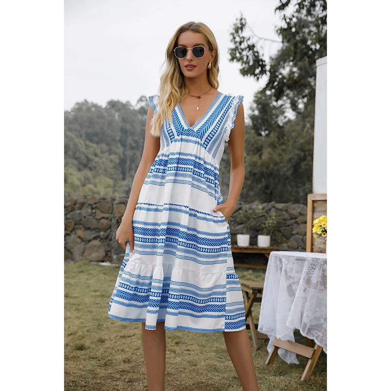 

Ladies Summer Fashion Trend Hot Sale Sleeveless Knee-length Dress Solid Color Striped Print Sexy Deep V-neck Sling New Dress