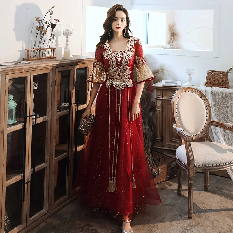 Red Embroidery Bride Wedding Qipao Women Traditional Chinese Dresses China Vintage Cheongsam Long Oriental Style Party Gown