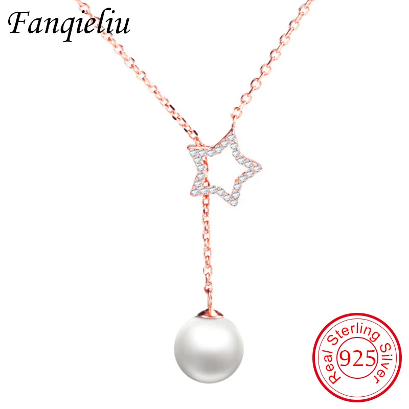 

Fanqieliu Rose Gold Crystal Pearl Star Real 925 Sterling Silver Pendant Necklace For Women Gift Girl FQL21077