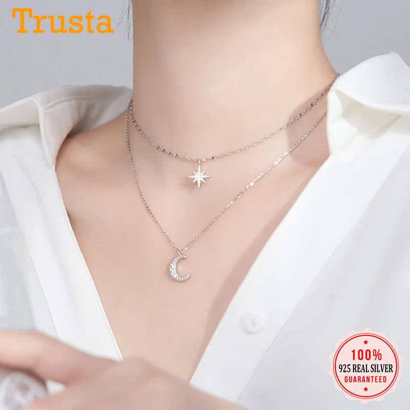 TrustDavis Настоящее серебро 925 пробы Двойные бусы цепочка Звезда Луна CZ колье