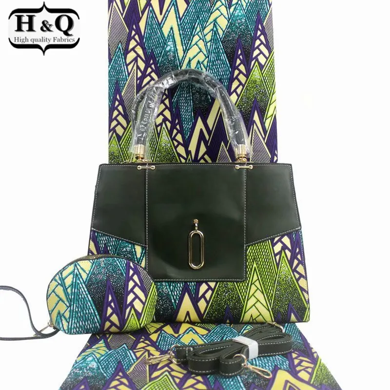 

H&Q fashion african wax bags three-piece high quality 6 yards/lot real print wax fabric match big handbag and small wallet H0123