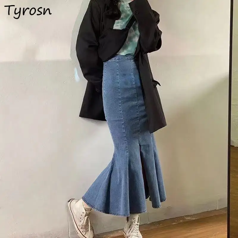 

Trumpet Skirts Women Denim Elegant Ruffles Slim Sexy Midi Skirt Front-slit Faldas Design Sweet Mujer Ulzzang Y2K All-match Solid