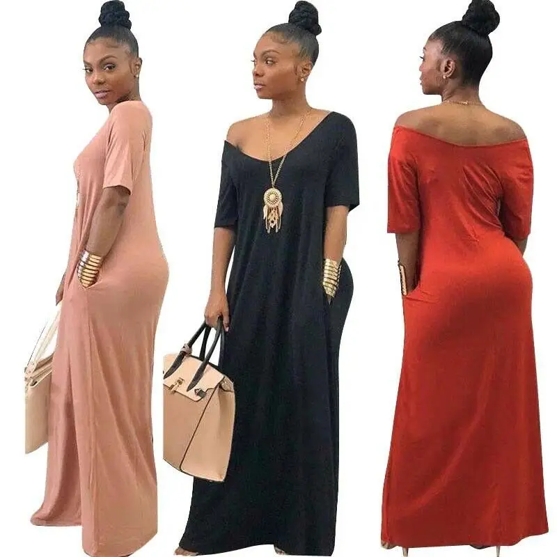 

Women Solid Long Maxi Dress V-Neck Pocket Short Sleeve Loose Solid Dresses Plus Size S-2XL