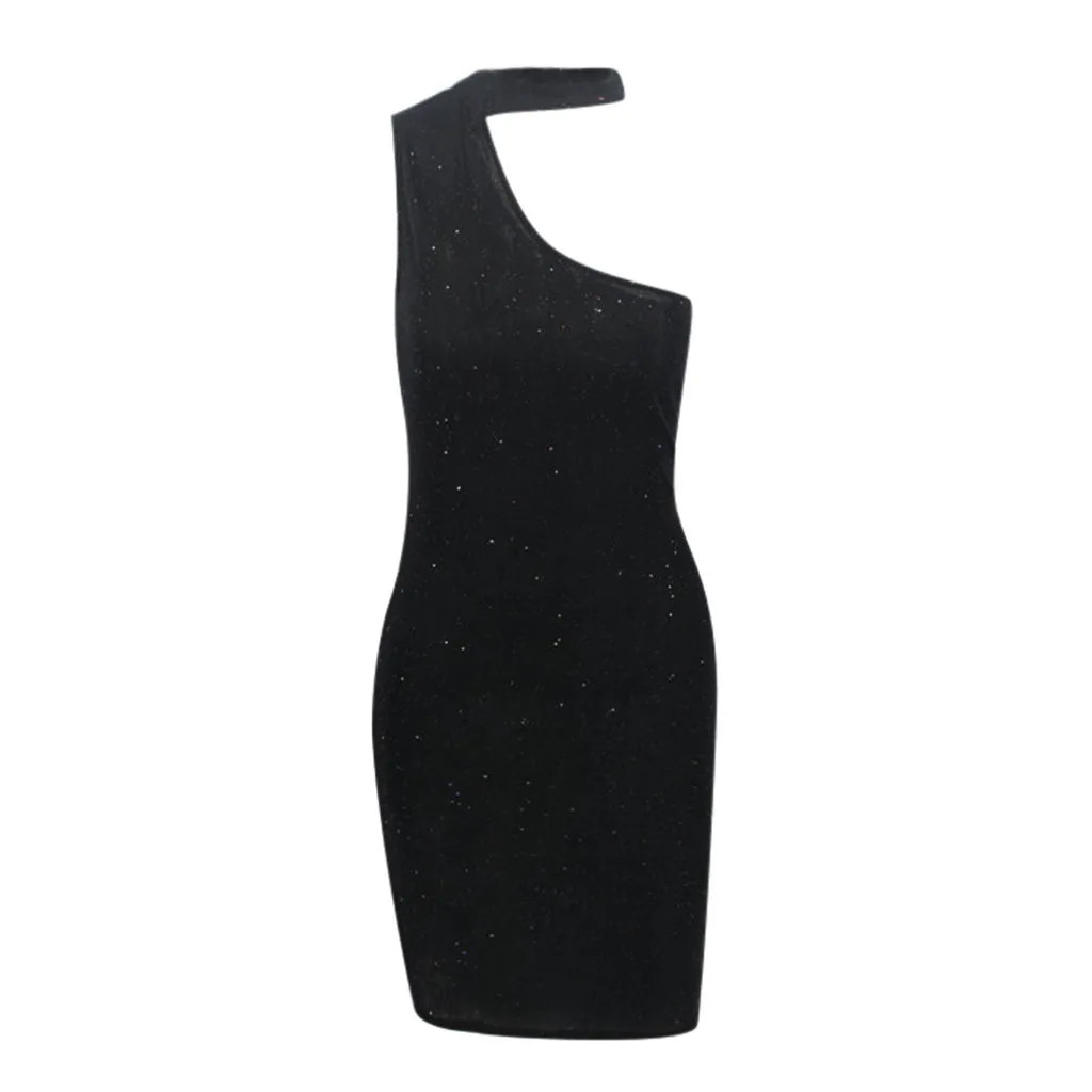 

Mandylandy Dress Women's Sleeveless High Waist Diamond Solid Color Slim Dress Summer Halter One-Shoulder Sheath Backless Dress