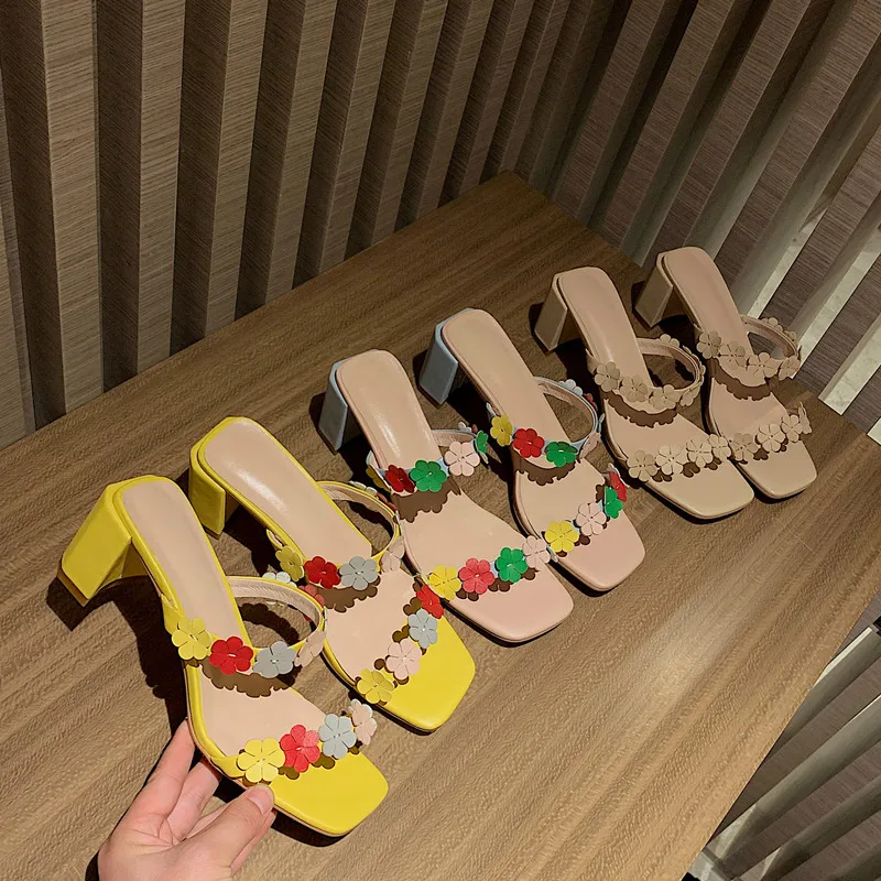 

JOCHEBED HU new arrival women slippers thick heels square toe ladies shoes fashion flowers mixed colors shoes woman