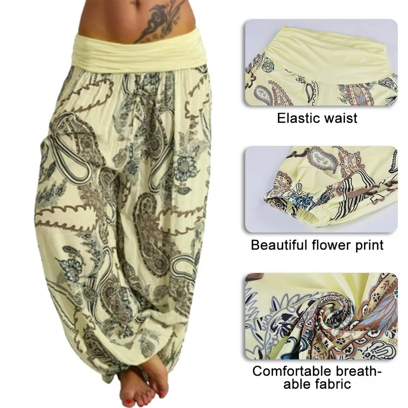 Женские штаны шаровары в стиле бохо с вискозным принтом со сборками на талии