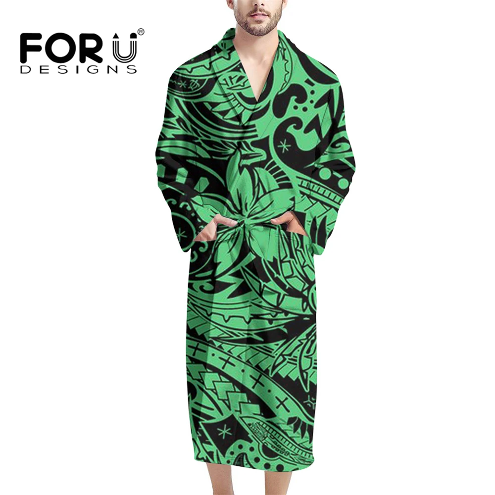 

FORUDESIGNS Hawaiian Polynesian Teal Tropical Print Prints Green Men's Warm Robe Soft Coral Fleece Long Plush Bathrobe Kimono