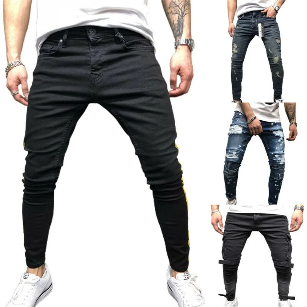 

Mens Slim Fit Skinny Ripped Jeans Big Pocket Casual Pants Distressed Trousers