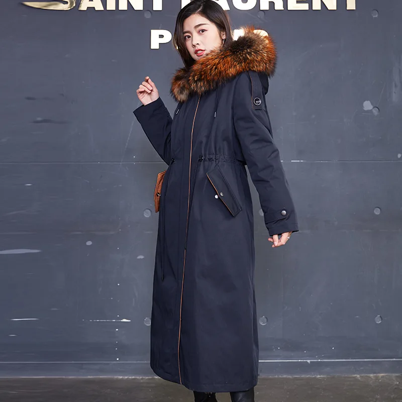 Настоящий мех кролика пальто для женщин Длинные парки женская зимняя куртка с