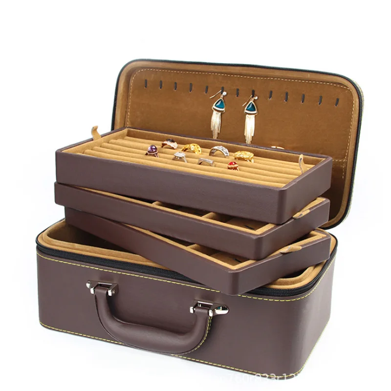Leather Detachable High Level Necklace Ring Bracelets Jewelry Organizer Box Portable Travel Storage Box Suitcase Available