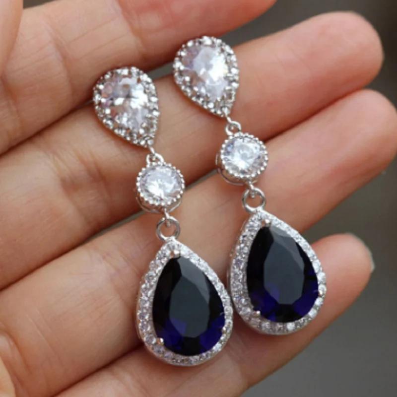 

Gorgeous Bridal Wedding Blue Water Drop Earring Jewelry Elegant AAA Brilliant Cubic Zircon Anniversary Women New Dangle Earrings