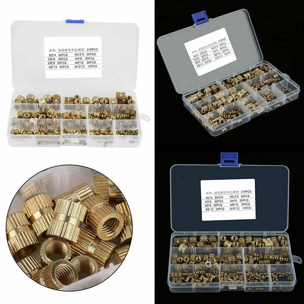 

210Pcs M2-M10 Brass Knurled Insert Nuts Threaded Insert Screws Assortment Set Kit Industry Machinery Nut Injection Tools