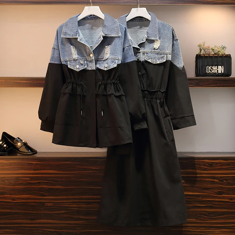 4XL Осенняя Новая модная длинная джинсовая куртка ветровка с дырками|Женские
