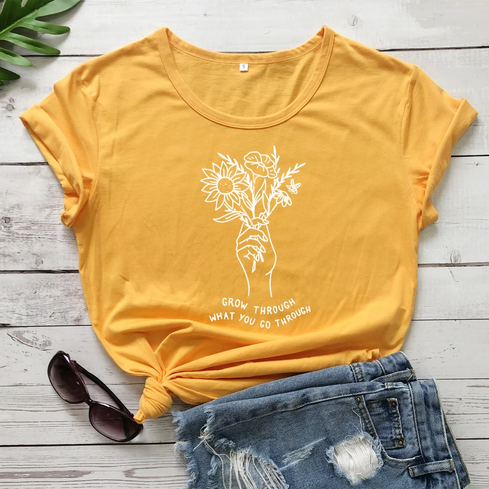 yellow-white text Летние расти через то, что вы проходите футболки Винтаж Цветочный принт футболка Топ Для женщин Crewbeck крафический Tumblr из хлопчатобумажной ткани, раздел-футболки - Цвет: yellow-white text