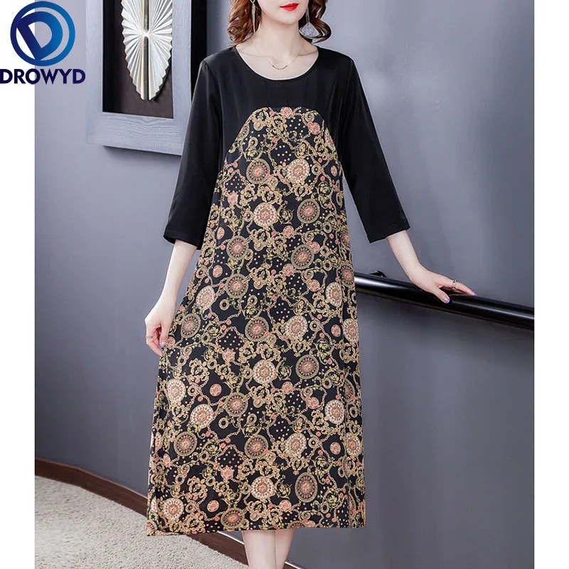 

Summer Casual Loose Print Maxi Dresses 2021 Elegant Vintage O-neck Floral Mulberry Silk Midi Dress Women Bodycon Party Vestidos