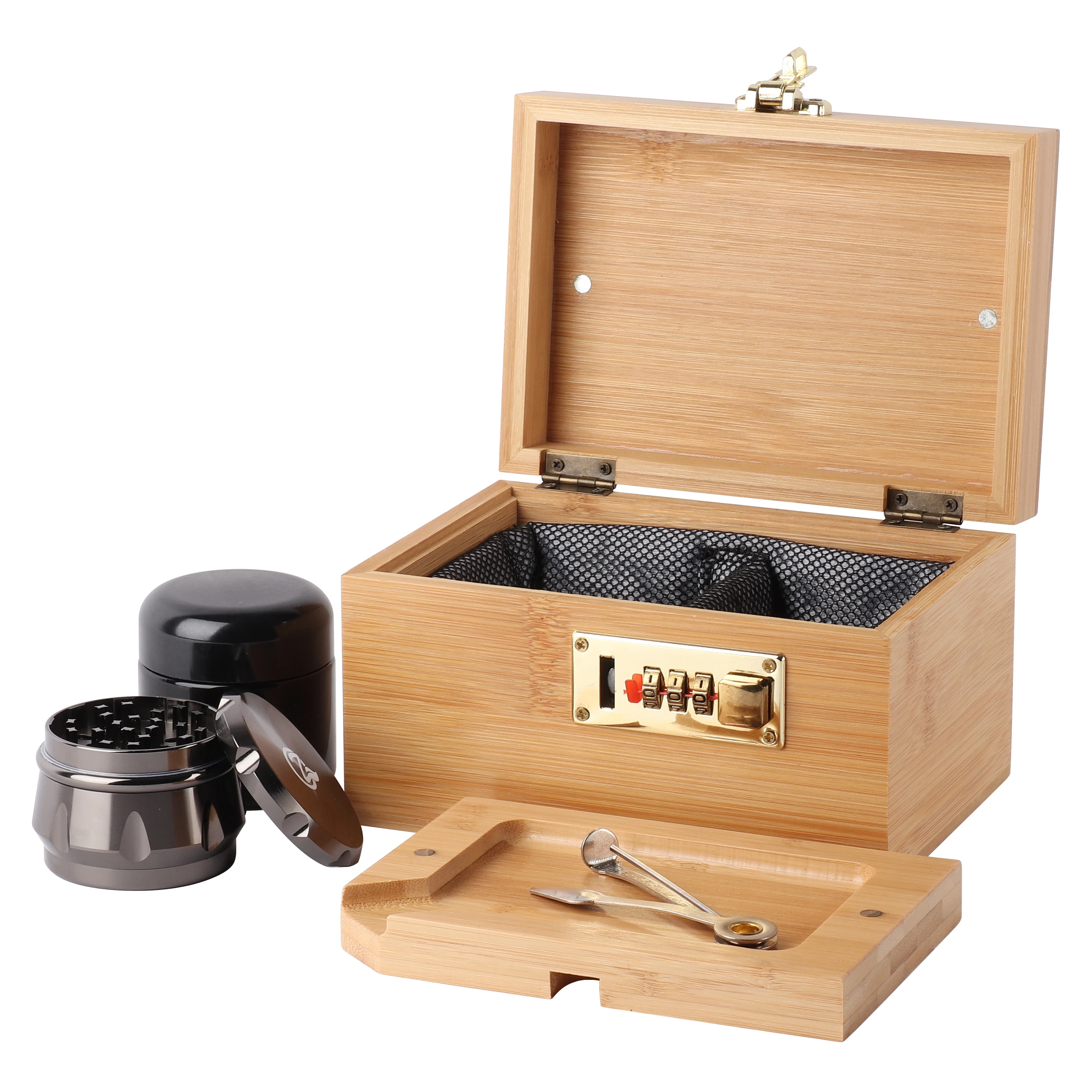 

Stash Box Combo - Accessories Kit, Locking Wooden Box with Grinder, UV Glass Stash Jar, Bamboo Box with Lock