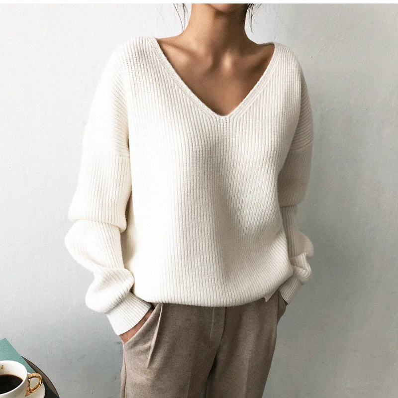 2020 Spring Women Blue V-neck Pullover Sweater Lazy oaf Loose Solid Color Casual Oversize White Black Pullovers | Женская одежда