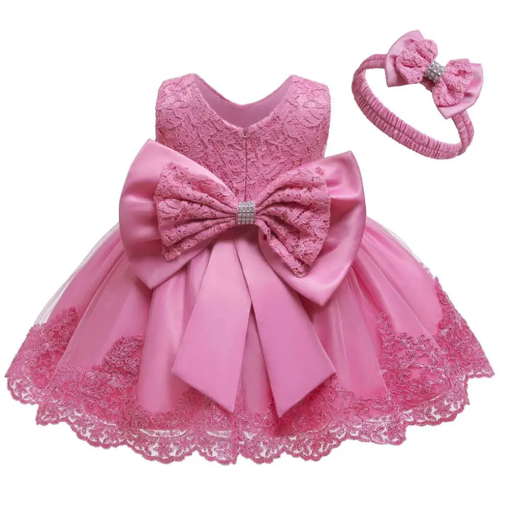 dark pink Платье для маленьких девочек кружевное платье для крещения с большим бантом для девочек, платье для первого дня рождения, свадьбы, крещения для маленьких девочек - Цвет: dark pink