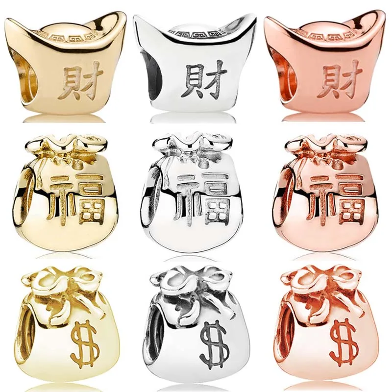 

Original 925 Sterling Silver Bead Chinese Ingot Wealth & Prosperity US Dollar Money Bag Charm Fit Popular Bracelet DIY Jewelry