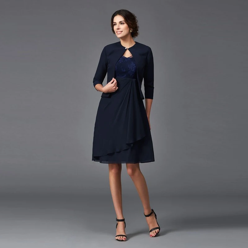 

Mother of The Bride Dress with Jacket V-neck Three Quarter Sleeve Wedding Party Gowns Lace Chiffon Mother Dresses for Wedding