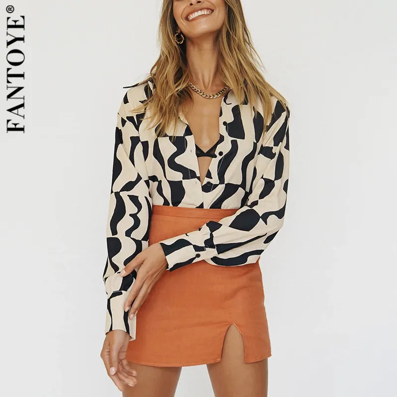 

Fantoye Print Turn-down Collar Women Blouses Black Long Sleeve Single Breasted Blouses Women Autumn Fashion Casual Clothes 2021
