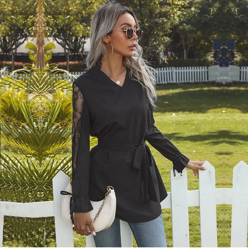 

Blouses Women's 2021 Spring Summer New Long Sleeve Pullover Solid Color Stitching Stand Up Collar Lace Tie Tops For Fashion