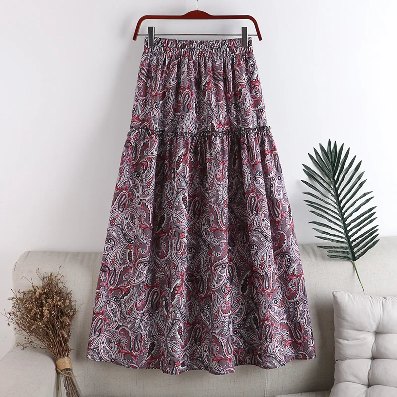 

F58 New Autumn Winter Women Literary Print Skirt Japan Style Mori Girl Elastic Waist Big Hem Female Casual Mid-Length Skirt