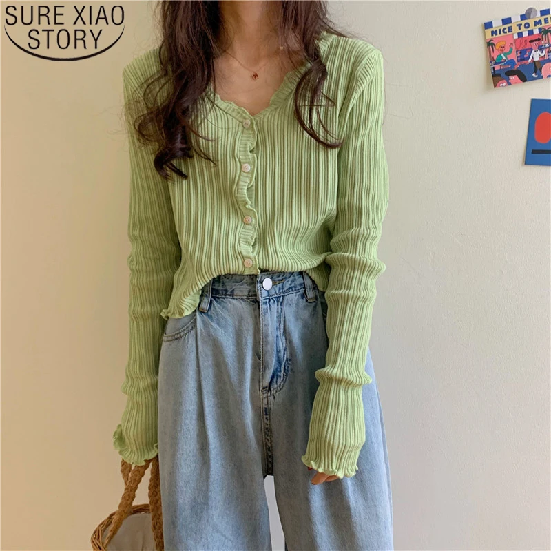 

Spring Autumn Women's Long Sleeve Knit Cardigan Green Sweater Tops New Korean Fashion V-Neck Short Sunscreen Chic Sweaters 16054