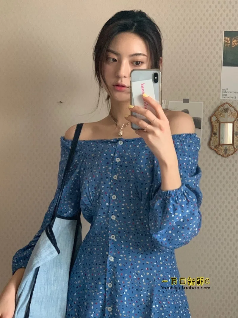 

XINGX Fragment 2 Romantic Wearing Methods ~ French Print Long Dress Korean Retro Long Sleeve Waist Dress