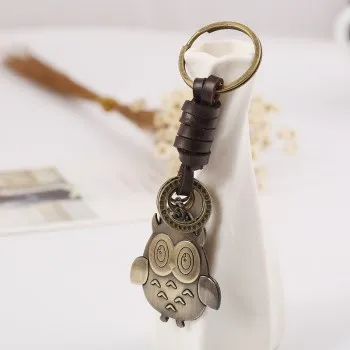 

Fashion Accessories Retro Woven Leather Key Ring Bronze Owl Pendant Versatile Bag Pendant Keychain Charms Key Ring for Him