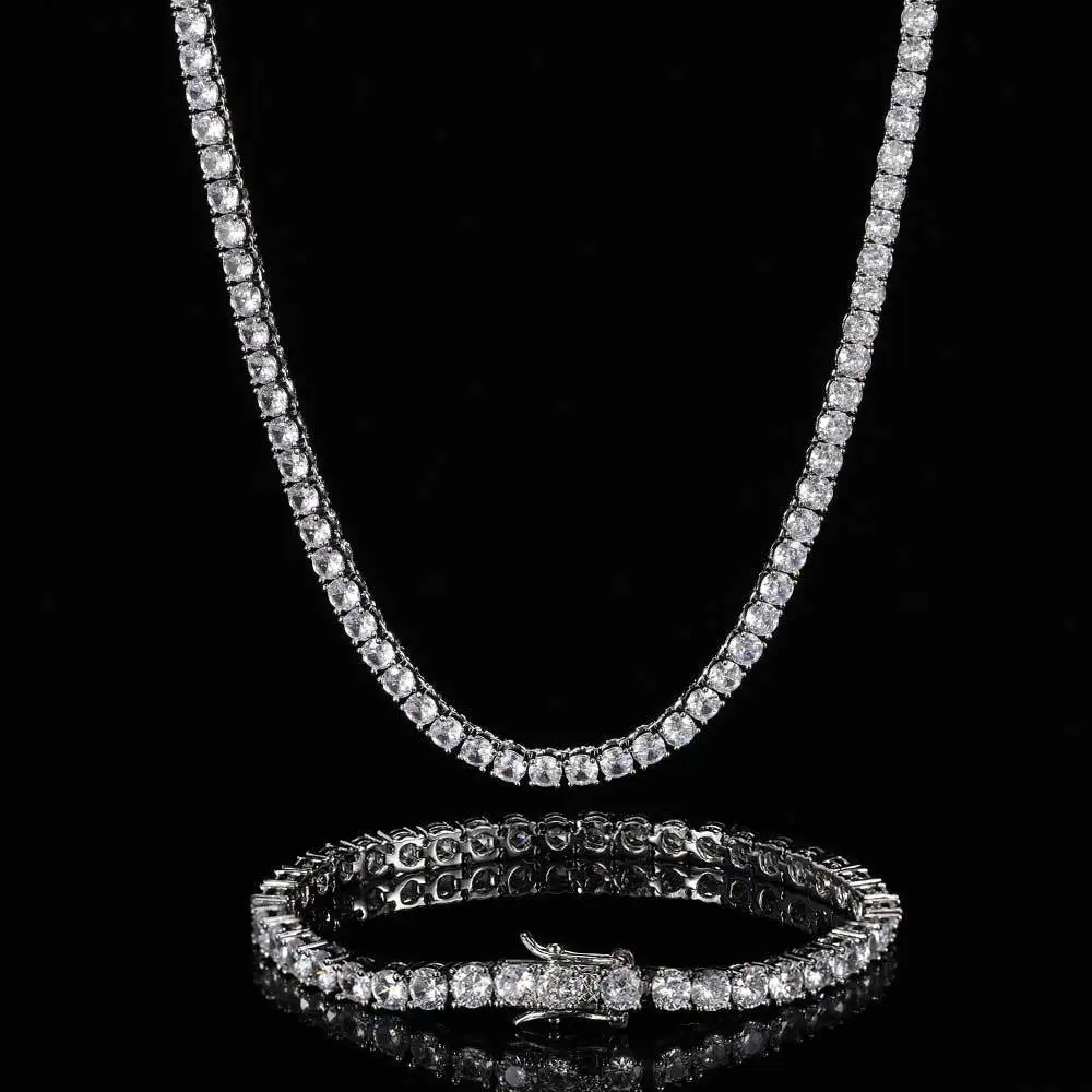 

3mm Cubic Zircon Tennis Chain Set, 16-24 Inch Necklace/7-9 Inch Bracelet by Rhodium/Gold Plating, High Quality Hip Hop Jewelry
