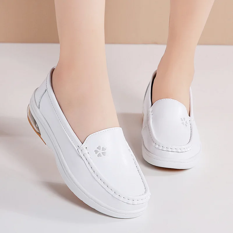 Real Leather New Nurse Shoes White Women Work Wedge Flats Attendance Doctor Comfortable Soft Cushion Anti-Slip Hospital Standing