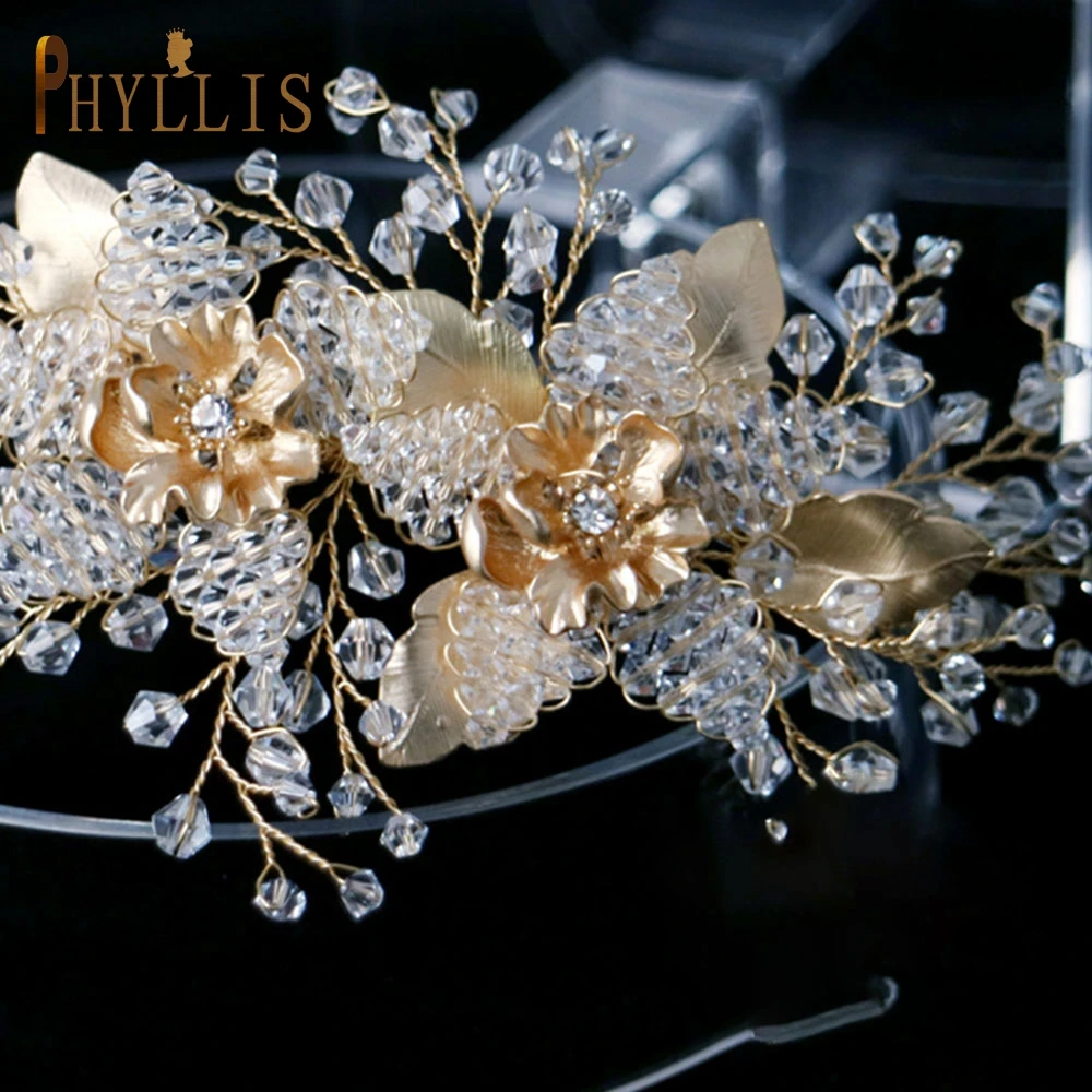 

PHYLLIS A124 Clear Crystal Flower Hair Hoop Girl Hairband Bridesmaid Gift Bridal Headdress Gold Wedding Headpiece Headwear
