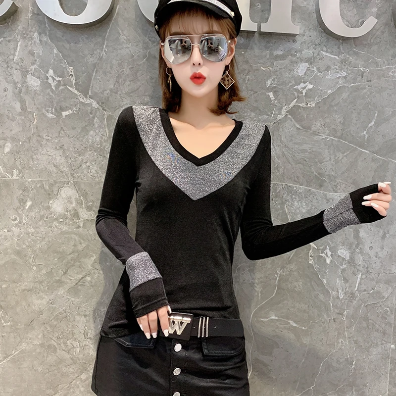Женский Блестящий пуловер в стиле пэчворк с v-образным вырезом европейском на