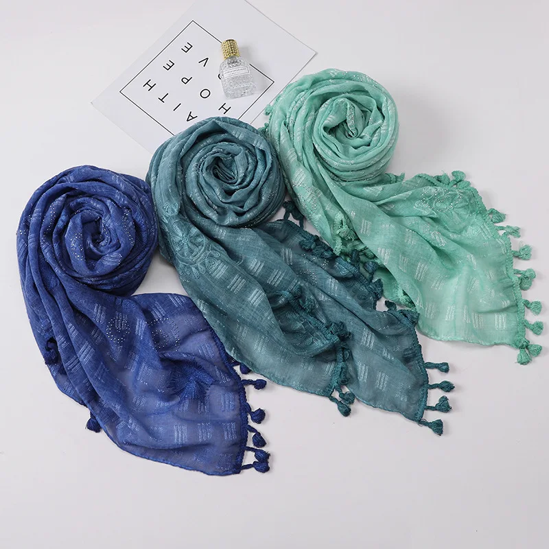 Женский мусульманский однотонный хиджаб шарф из хлопка и льна стразы головной