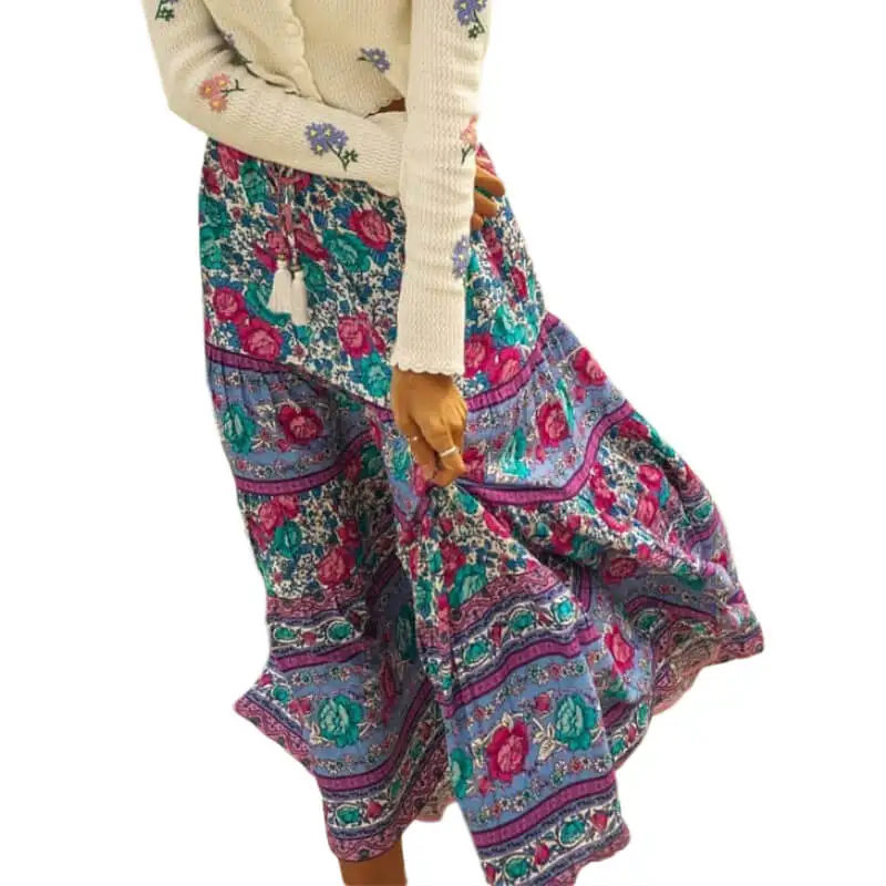 Женская юбка миди с кисточками шикарная в стиле бохо цветочным принтом на