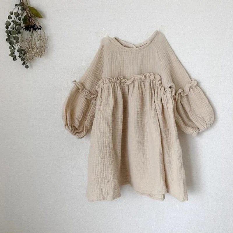 

Summer Dress Kids Clothes Baby Girls Cotton Linen Bubble Long Sleeves Korean Princess Dresses Birthday Gift Toddler Girl Clothes