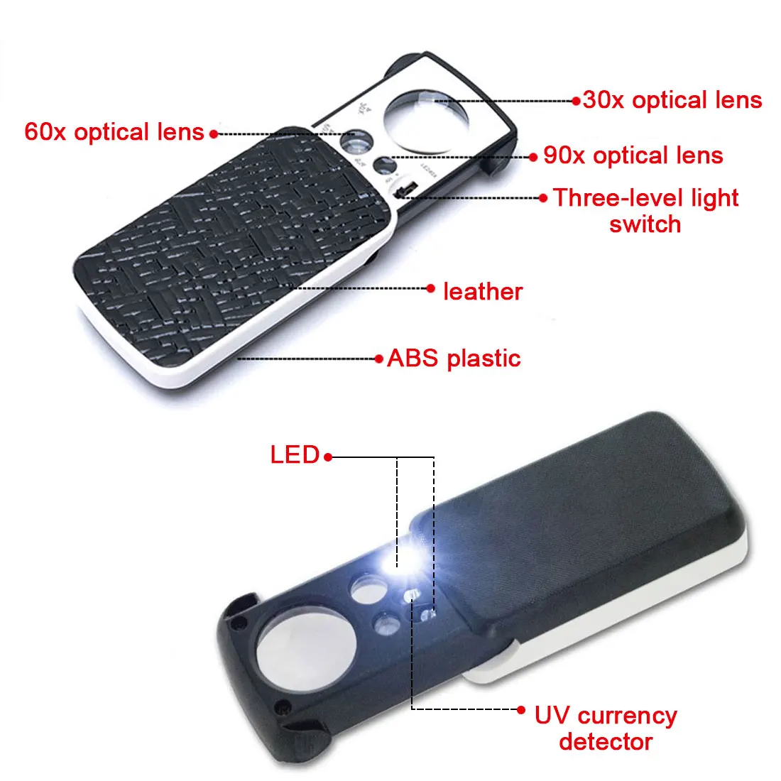 

Magnifying Glass 30X 60X 90X Magnifier Jewelry Appraisal Reading High Magnification Acrylic Optical Lens Loupe With LED UV